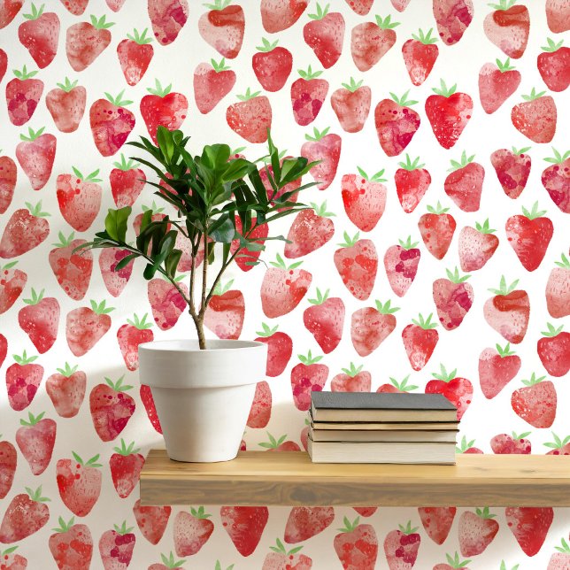 Moderne Wasserfarbe Erdbeermuster Tapete (Strawberry watercolor pattern wallpaper)