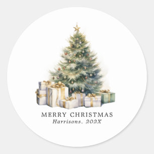 Moderne Wasserfarbe Frohe Weihnachtsbaum Runder Aufkleber