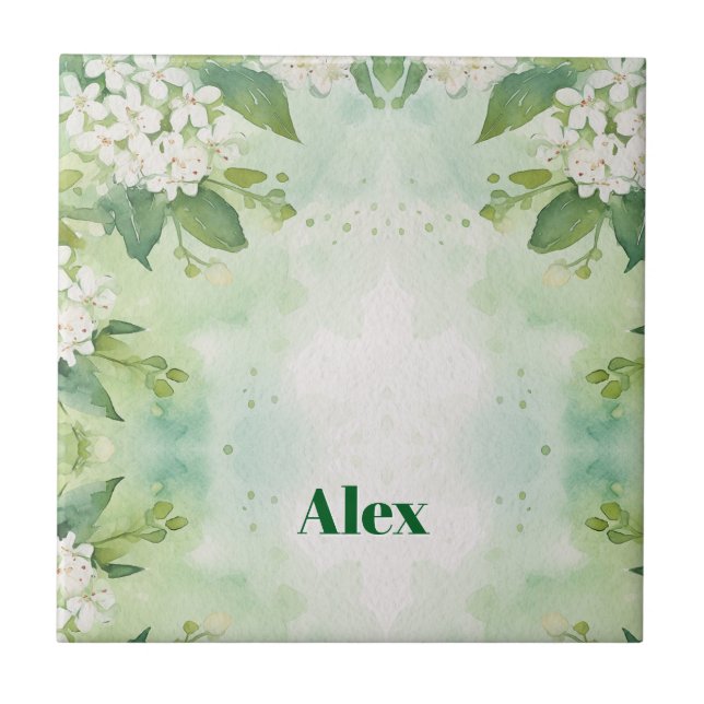 Moderne Wasserfarbe Grüne Blumen & personalisieren Fliese (Vorderseite)