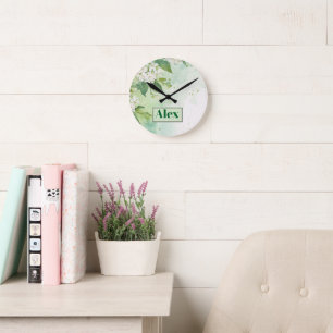 Moderne Wasserfarbe Grüne Blumen & personalisieren Runde Wanduhr
