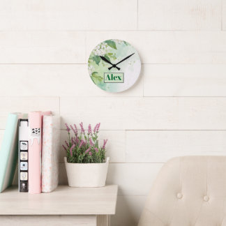 Moderne Wasserfarbe Grüne Blumen & personalisieren Runde Wanduhr