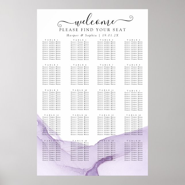 Moderne Wasserfarbe Lila Hochzeitssitze Poster (Vorne)