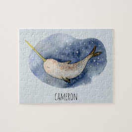 Moderne Wasserfarbe Narwhal Blauer Ozean Personali Puzzle