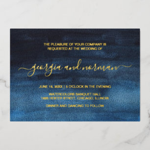 Moderne Wasserfarbe Navy Blau Hochzeit Gold Folieneinladung