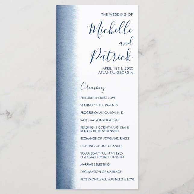 Moderne Wasserfarbe Navy Blau Hochzeit Programm (Vorderseite)