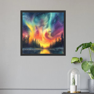 Moderne Wasserfarbe Nordlichter am See Fine Art Poster