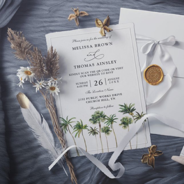 Moderne Wasserfarbe Palm Budget QR-Code Hochzeit Einladung (Von Creator hochgeladen)