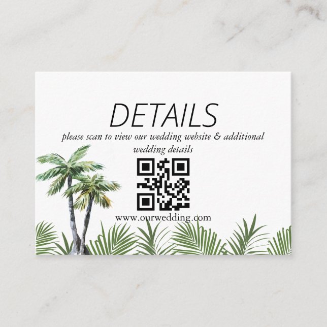 Moderne Wasserfarbe Palmen Hochzeit QR-Code Begleitkarte (Vorderseite)