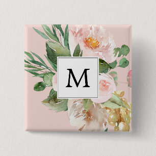 Moderne Wasserfarbe Rosa Blumen Monogrammiert Button