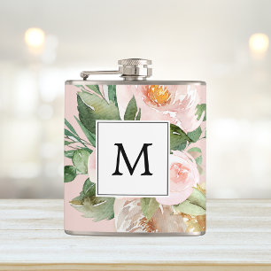 Moderne Wasserfarbe Rosa Blumen Monogrammiert Flachmann