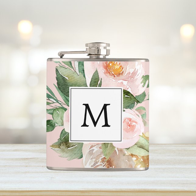 Moderne Wasserfarbe Rosa Blumen Monogrammiert  Flachmann (Von Creator hochgeladen)