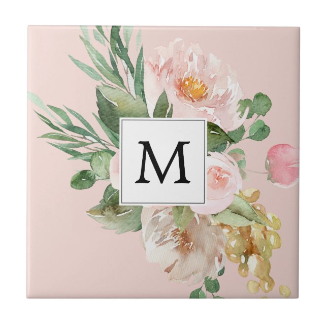 Moderne Wasserfarbe Rosa Blumen Monogrammiert  Fliese (Vorderseite)