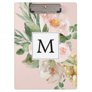Moderne Wasserfarbe Rosa Blumen Monogrammiert Klemmbrett