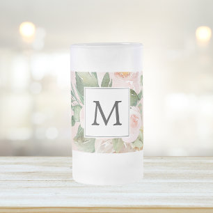 Moderne Wasserfarbe Rosa Blumen Monogrammiert Mattglas Bierglas