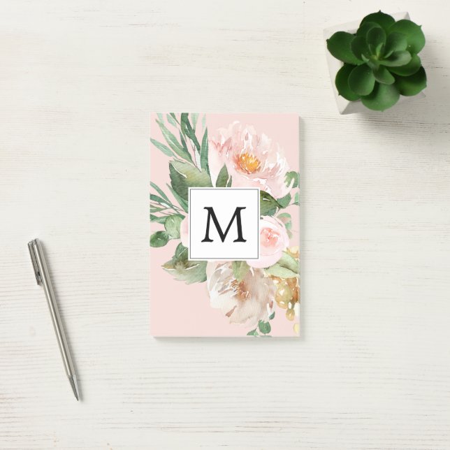 Moderne Wasserfarbe Rosa Blumen Monogrammiert  Post-it Klebezettel (Büro)