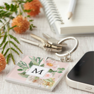 Moderne Wasserfarbe Rosa Blumen Monogrammiert Schlüsselanhänger