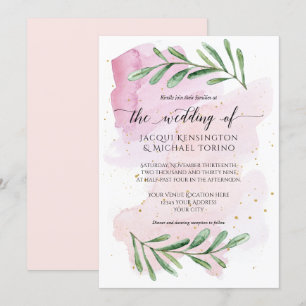 Moderne Wasserfarbe Rosa Eukalyptus Grüne Hochzeit Einladung
