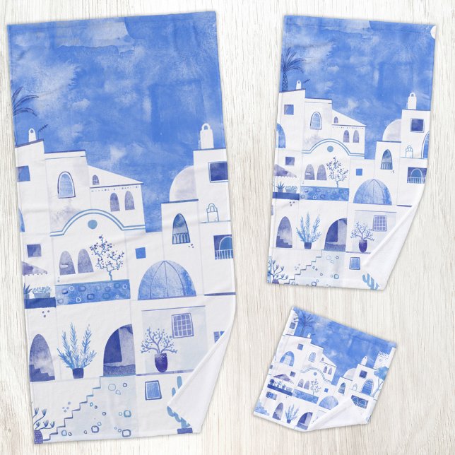Moderne Wasserfarbe Santorini Griechische Insel Badhandtuch Set (Santorini Greek Island blue and white watercolor art bathroom towel set)