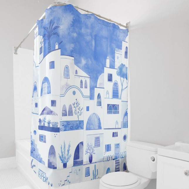 Moderne Wasserfarbe Santorini Griechische Insel Duschvorhang (Santorini blue and white watercolor painting on a shower curtain)