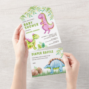 Moderne Wasserfarbe Süße Dinosaurier Baby Shower All In One Einladung