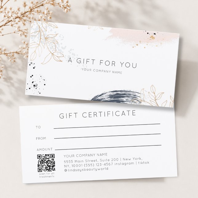 Moderne Wasserfarbe-Tinte QR-Code-Geschenkgutschei (Modern Watercolor Ink White QR Code Gift Certficate Blue Blush Gold )