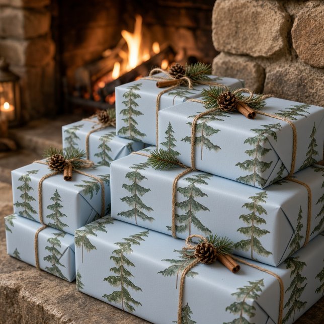 Moderne Wasserfarbe Winterkiefer Baum Hellblau  Geschenkpapier (Von Creator hochgeladen)