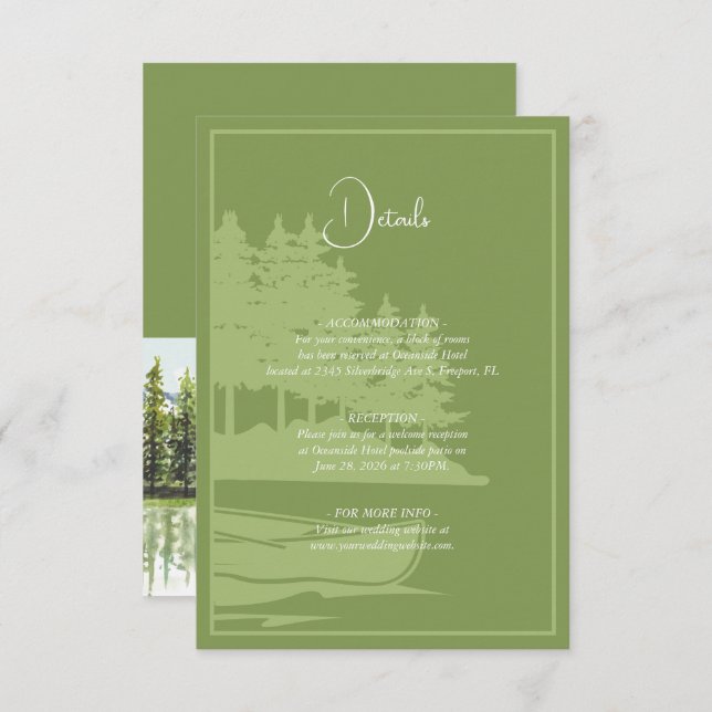 Moderne Wasserfarben - Bergsee Hochzeit Details Begleitkarte (Vorne/Hinten)