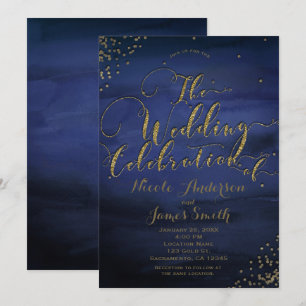 Moderne Wasserfarben Blau & Gold Hochzeitsfeier Einladung