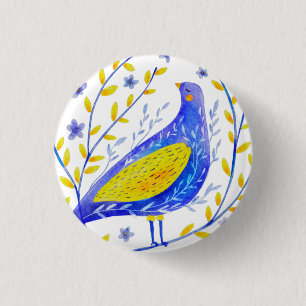 Moderne Wasserfarben Blau und Gelb Vogel Kunst Button