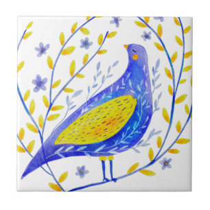 Moderne Wasserfarben Blau und Gelb Vogel Kunst Fliese