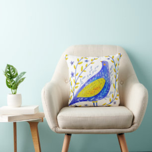 Moderne Wasserfarben Blau und Gelb Vogel Kunst Kissen