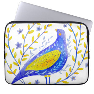 Moderne Wasserfarben Blau und Gelb Vogel Kunst Laptopschutzhülle