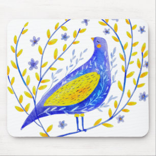 Moderne Wasserfarben Blau und Gelb Vogel Kunst Mousepad
