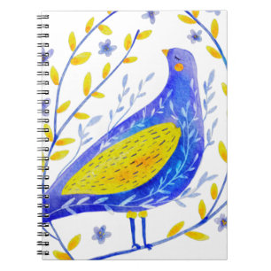 Moderne Wasserfarben Blau und Gelb Vogel Kunst Notizblock