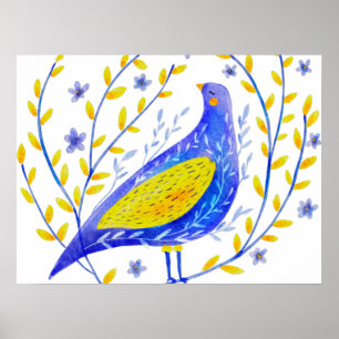 Moderne Wasserfarben Blau und Gelb Vogel Kunst Poster