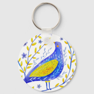 Moderne Wasserfarben Blau und Gelb Vogel Kunst Schlüsselanhänger