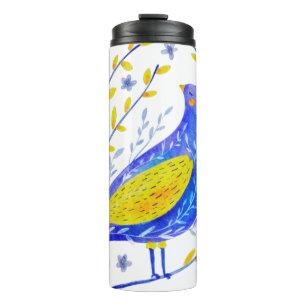 Moderne Wasserfarben Blau und Gelb Vogel Kunst Thermosbecher