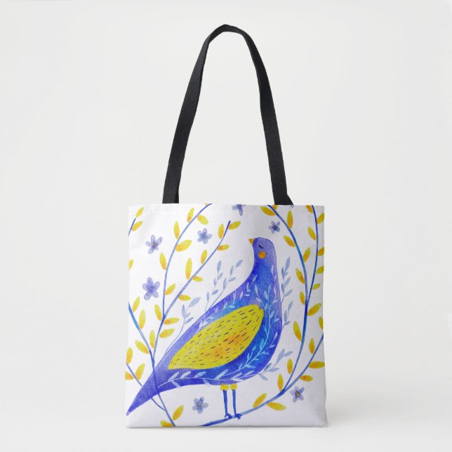 Moderne Wasserfarben Blau und Gelbe Vogel Kunst (Vorderseite)