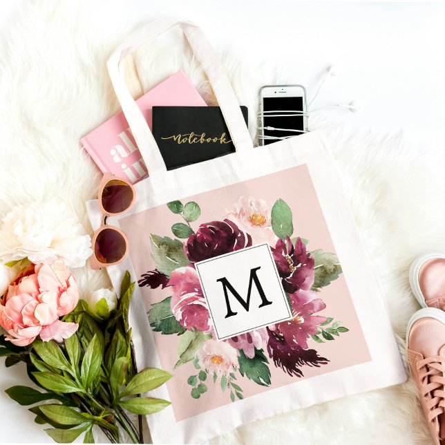 Moderne Wasserfarben Blumen Monogramm Tragetasche (Von Creator hochgeladen)