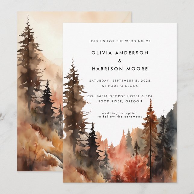 Moderne Wasserfarben Herbst Hochzeit im Freien Einladung (Vorne/Hinten)