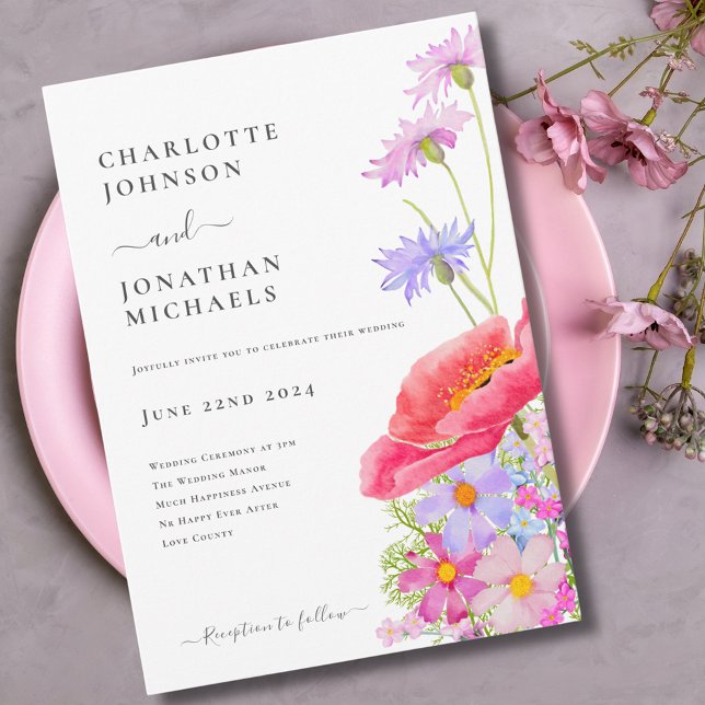 Moderne Wasserfarben-Hochzeit mit Wildblumen Einladung (Modern wildflower pastel watercolor pink purple wedding invitation )