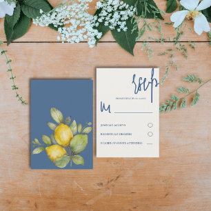 Moderne Wasserfarben Lemon Blue & Yellow Wedding RSVP Karte