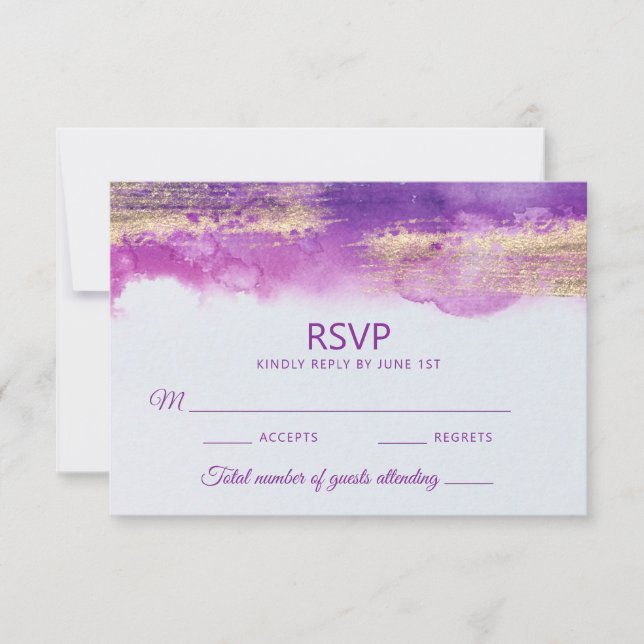 Moderne Wasserfarben Lila Mauve Violet Gold Hochze RSVP Karte (Vorderseite)