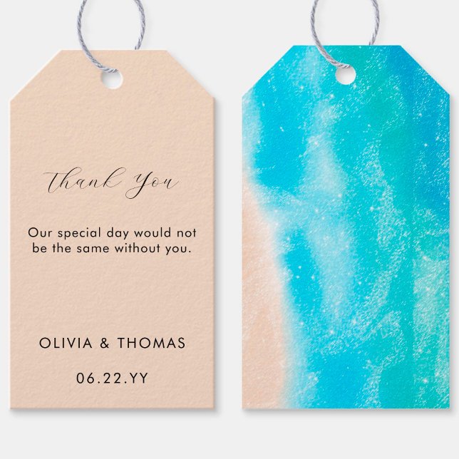 Moderne Wasserfarben Sandstrand Wellen Hochzeit Geschenkanhänger (Von Creator hochgeladen)