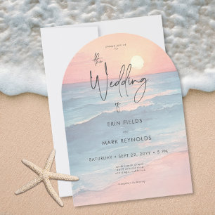 Moderne Wasserfarben Strand-Bogen-Hochzeit am Ozea Einladung