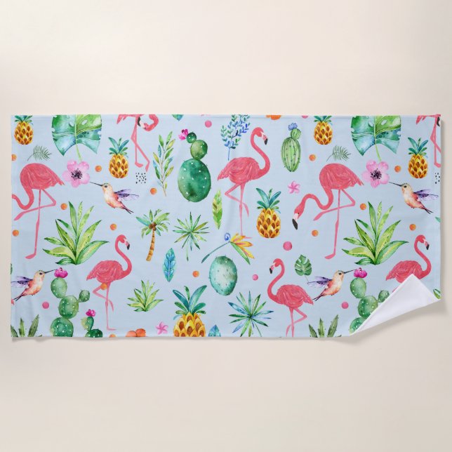 Moderne Wasserfarben, tropische Blume & Flamingos Strandtuch (Vorderseite)