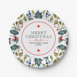 Moderne Wasserfarben von Weihnachts-Stechpalme Pappteller