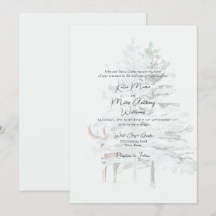 Moderne Wasserfarben-Wald-Bäume & Hirsch-Hochzeit Einladung