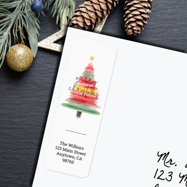 Moderne Wasserfarben-Weihnachtsbaum-Rücksendeadres (Modern watercolor stripes Christmas tree return address labels)