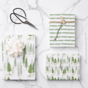 Moderne Wasserfarben Weihnachtsfeiertage Grüne Bäu Geschenkpapier Set